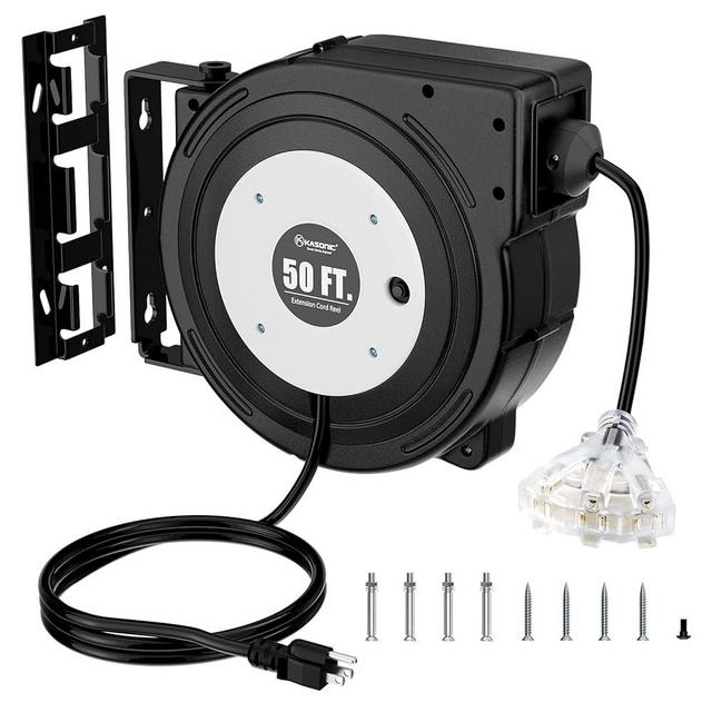 K KASONIC - 50 FT Retractable Extension Cord Reel, UL Listed, 14AWG/3C SJTOW Heavy Duty Power Cord, 3 Grounded Outlets Lighted Triple Tap, 13 Amp Circuit Breaker, Wall or Ceiling Mountable, Black