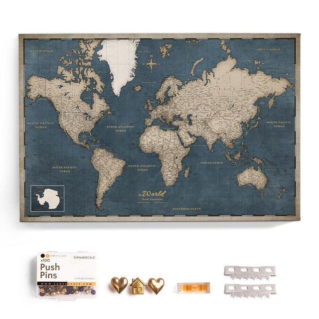 Canvas World Map with Cork Pin Board - English Lettering - Decorative Wall Decoration for All Rooms - Canvas Pictures with World Map Motif (90x60 cm, Pattern 18)
