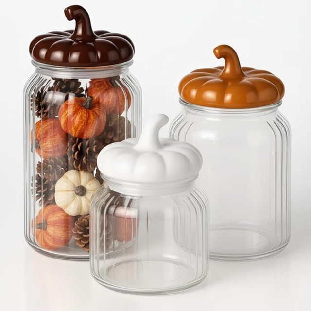 Mimorou 3 Set Fall Glass Jar with Pumpkin Lid Fall Clear Candy Jar Food Storage Canister with Airtight Ceramic Lid for Thanksgiving Party Tea Cookie Table Decoration (White, Brown, Light Brown,Autumn)