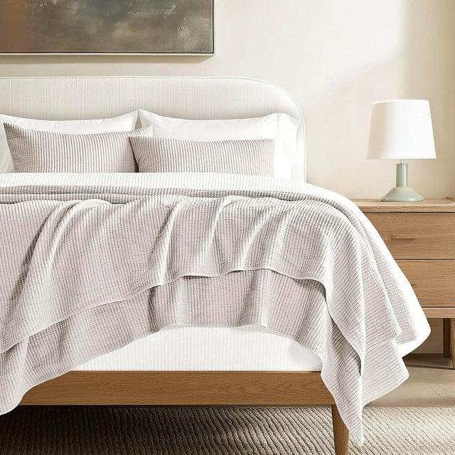 EVERGRACEHOME Cotton Coverlet Set Full Queen Size 3 Pieces, Lightweight Soft Ribbed Matelassé Bedspread Quilt Set, Cozy Oversized Quilted Bedding Set with 2 Pillow Shams for All Seasons, Birch