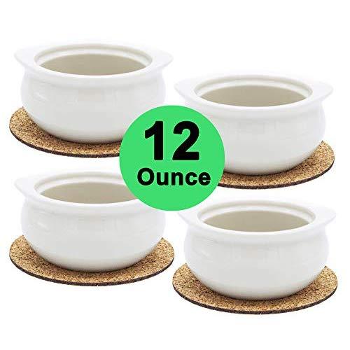 Premium Porcelain 12 Ounce Onion Soup Bowls - American White - Set of 4 with Cork Coasters - Classic European Style Healthy Portion Crocks – Oven- Microwave- Dishwasher safe