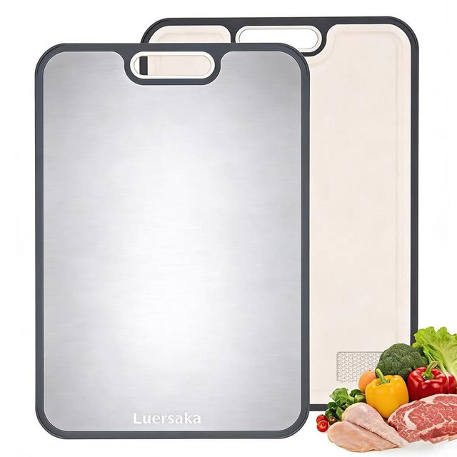 Luersaka Dishwasher Safe Cutting Board for Kitchen,304 Steel + Wheat Straw PP,Double-Sided Stainless Steel Cutting Boards,Easy to Clean,Non Slip with Handle,Size 15.1 x 10.4 Inch 1Pcs