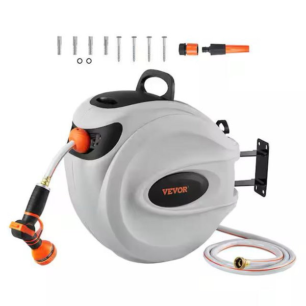 VEVOR Retractable Hose Reel 1/2 in. Dia x 100 ft. Garden Water Hose Reel with 9-Pattern Nozzle, 180° Swivel Bracket KSSJGQHTSH100F02AV0