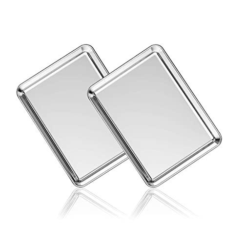 Stainless Steel Baking Sheet Set of 2, Deedro Cookie Sheet Metal Baking Pan Oven Tray, Non Toxic & Heavy Duty, Rust Free & Mirror Finish, Easy Clean & Dishwasher Safe, 9 x 7 x 1 inch