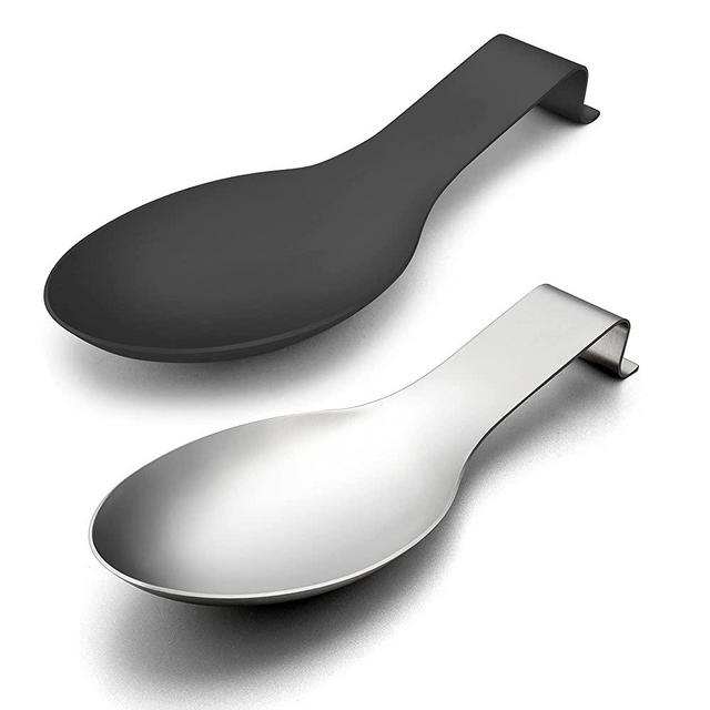 LIANYU Stainless Steel Spoon Rest Set of 2, Spatula Spoon Ladle Utensil Holder for Kitchen Counter Stove Top, Dishwasher Safe, Black, Silver