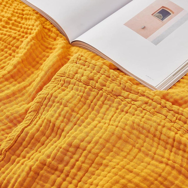 EMME Cotton Throw Blanket 100% Muslin Soft Blanket for Couch 4-Layer Breathable Gauze Blanket All Season Soft and Lightweight Pre-Washed Cotton Blanket (Mustard Yellow, 55"x75")