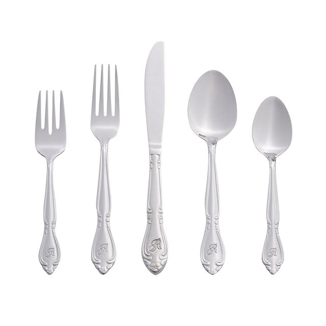 RiverRidge 5417-843-R Rose 46 Piece Monogrammed Flatware Set, Letter R, No size, Silver