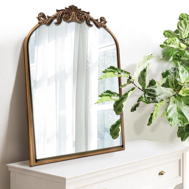 WAMIRRO Antique Mirror,Gold Traditional Vintage Ornate Baroque Arched Brass Wall Mounted Mirrors for Entryway/Fireplace/Living Room/Hallway/Bathroom 19"X27"