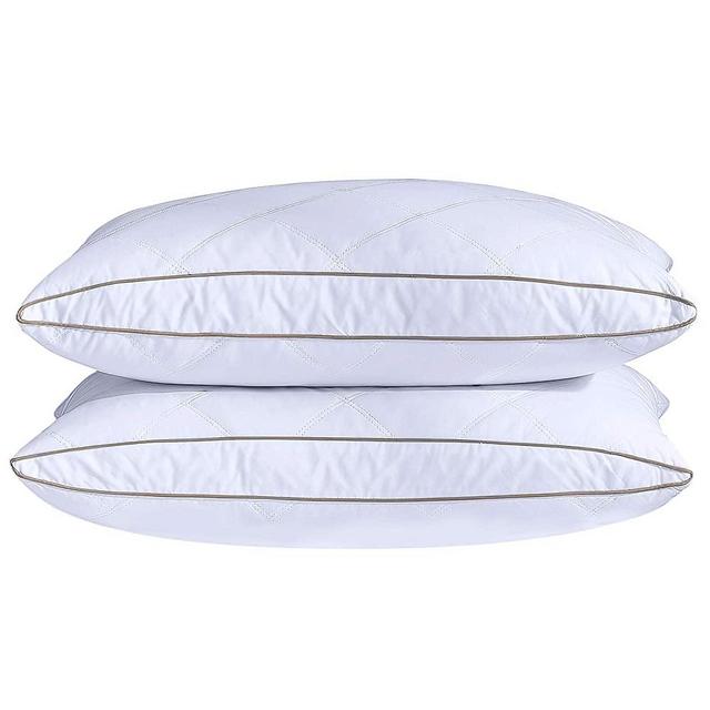 puredown Natural Goose Down Feather Pillows for Sleeping Oval Gusseted Down Pillow 100% Cotton Pillow Cover with Leaf Quilting Queen Set of 2
