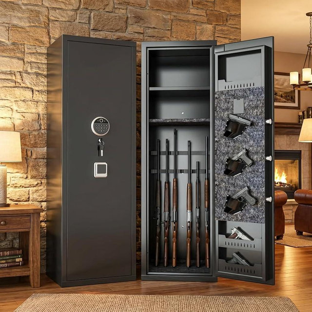 Bezuny Biometric Gun Safe, Rifle for Rifles and Pistols, Large Gun Cabinet with Fingerprint Lock, Quick Access for Home, Bed Storage, Holds 14-15 Firearms with Adjustable Racks & Pistol Pockets