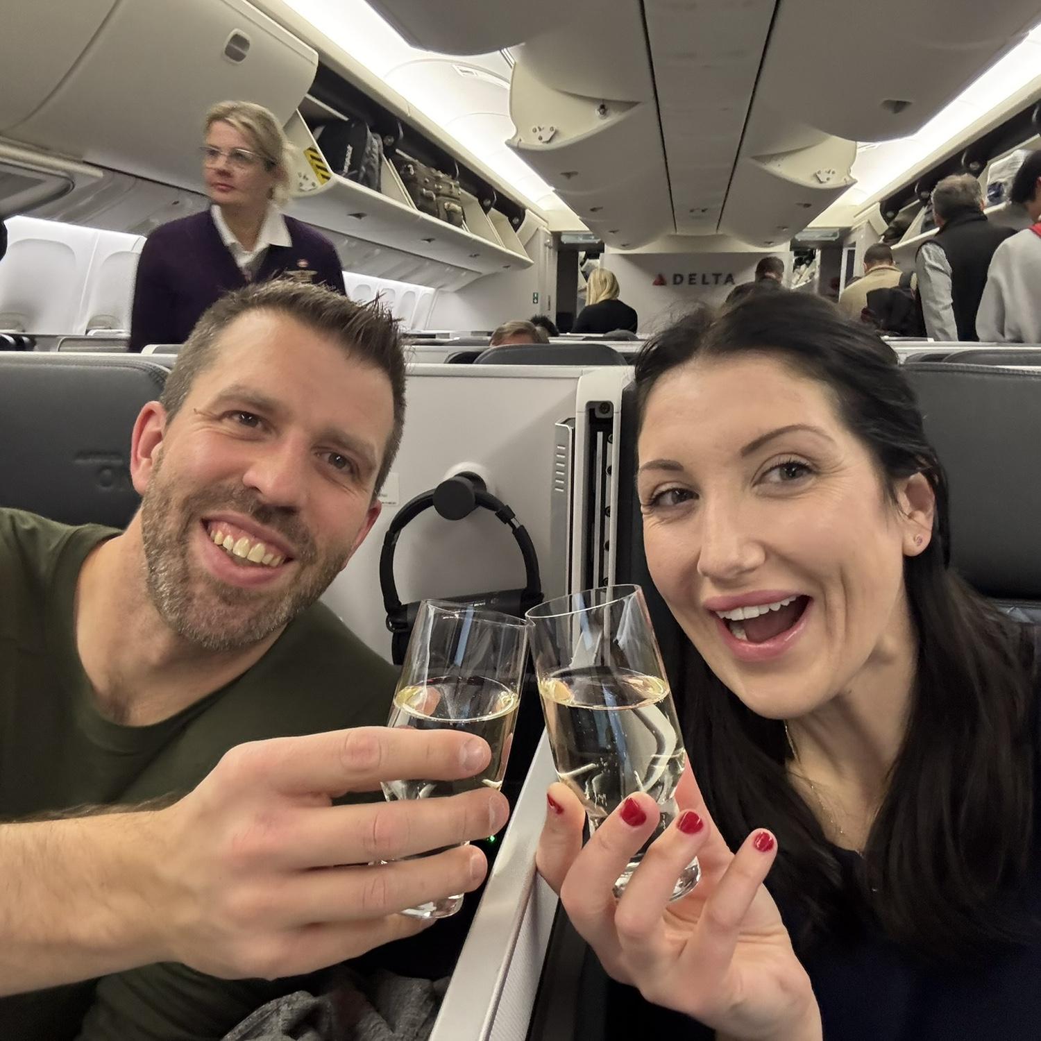 Not us sitting in Delta One on the way to Switzerland like we belong here.
….Ashleigh completely unaware they would be coming back engaged!