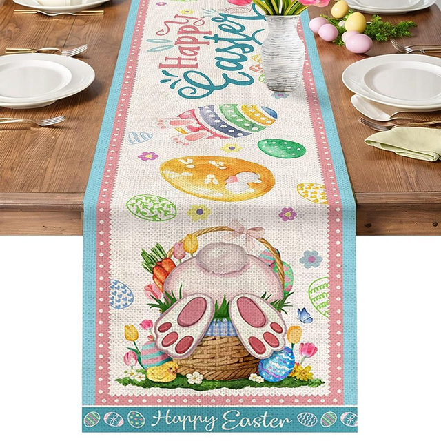 Easter Table Runner 108 Inch Long, Rabbits Eggs Easter Table Runners for Kitchen, Burlap Bunny Linen Spring Holiday Table Decorations for Dinning Room