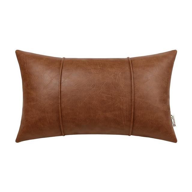 BRAWARM Brown Leather Throw Pillow Covers 12 X 20 Inches - Faux Leather Lumbar Pillow Cover with Piping, Hand Stitched Faux Leather Throw Pillow for Couch Sofa Bed Living Room Home Decorative