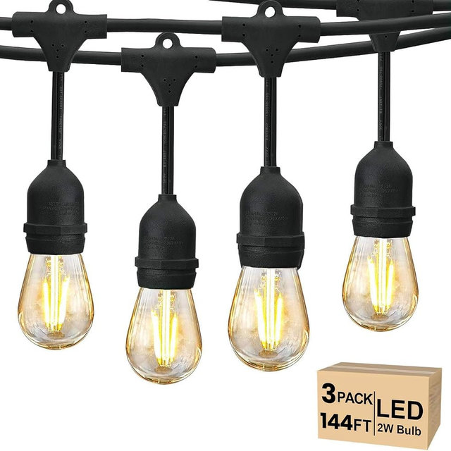 Svater 144 FT Outdoor String Lights 2W, Patio Light for Outside with 48 Antique S14 Plastic LED Bulbs, IP65 Waterproof Hanging Cafe Market Lighting, ETL-Listed Dimmable Warm White (48 FT x 3)