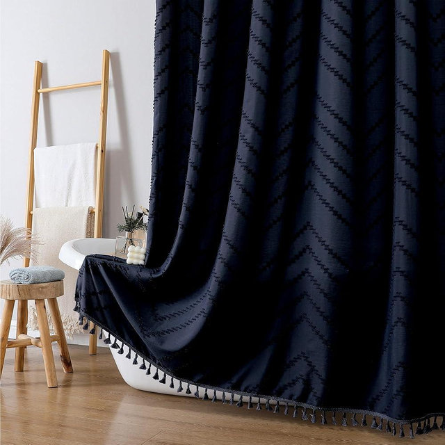OWENIE Boho Shower Curtain, Navy Blue Fabric Cloth Shower Curtains Farmhouse Tufted Chevron Striped Textured with Tassel for Bathroom, Soft Hotel Style Modern Minimalist, Machine Washable, 72x72