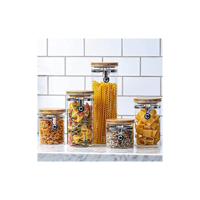 Le'raze Set of 5 Borosilicate Glass Food Storage Jars Containers with Airtight Bamboo Clamp Lid