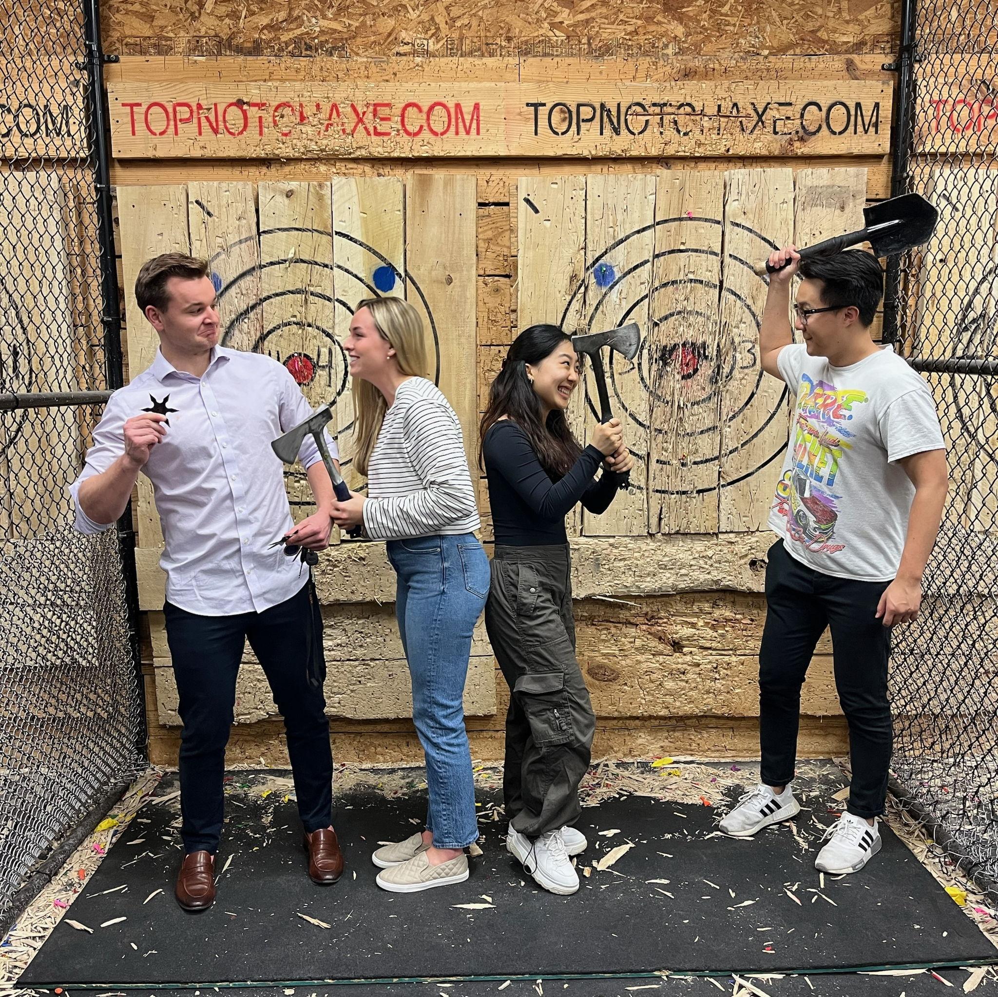 Feb 2024: We went on an axe throwing date with our friends Daphne and David. We discovered that Jackson is very good at throwing sharp objects... be careful