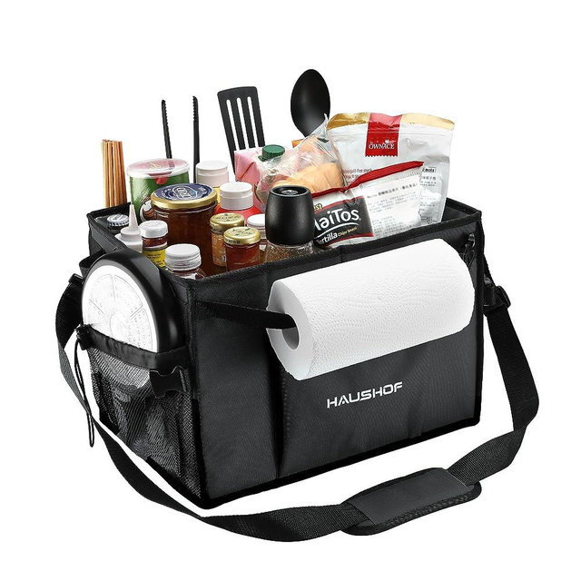 HAUSHOF Large Grill and Picnic Caddy with Paper Towel Holder, Condiment Pocket, Foldable BBQ Organizer Easy Carry Griddle Caddy for Camping, RV, Outdoor Waterproof Oxford Cloth (Black)