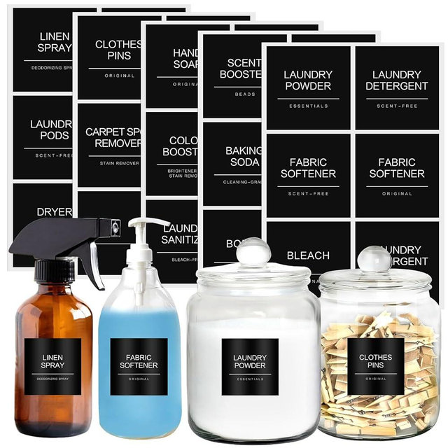 HVSWLY Minimalist Laundry Room Labels，30 Matte Waterproof Labels for Jars Spray Bottles and Detergent Dispensers, Preprinted Laundry Room Organization Labels Set(Black), Large, TCD-87