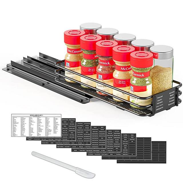 SpaceAid Pull Out Spice Rack Organizer for Cabinet, Heavy Duty Slide Out Seasoning Organizer for Kitchen Cabinets, with 415 Labels and Chalk Marker, 4.5"W x10.5"D x2.5"H, 1 Drawer 1-Tier, Black