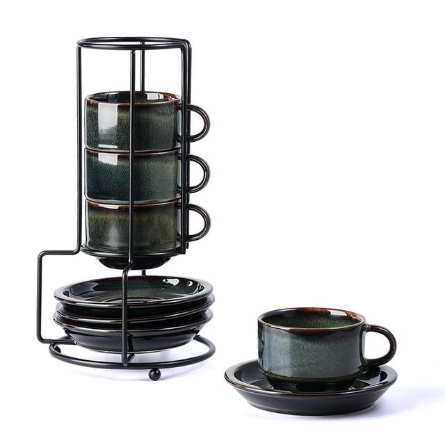 JIEMEI HOME Porcelain Stackable Espresso Cups with Saucers and Metal Stand,4 Ounce Demitasse Cups for Specialty Coffee Drinks,Latte,Cafe Mocha Tea-Set of 4,Stackable Espresso Mugs, Green calyx