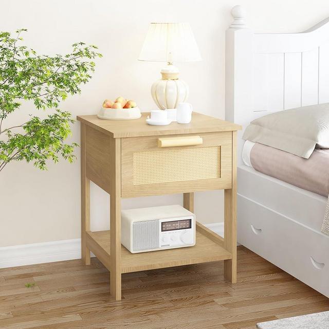 AWQM Nightstand, Rattan End Table, Side Table with Rattan Drawer and Opening Shelf, Wood Accent Table with Storage, Natural Bedside Table, Suitable for Bedroom, Living Room, 15.75" D*15.75" W*19" H