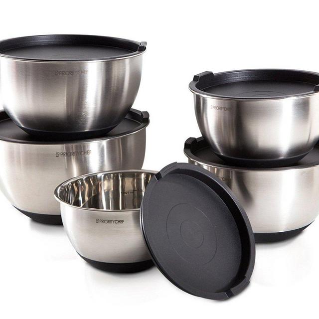 PriorityChef 5 Piece Mixing Bowls With Lids, Large 5 Quart Capacity, Stainless Steel, Non Slip Silicone Bottom, Stackable For Minimal Storage, Black Base