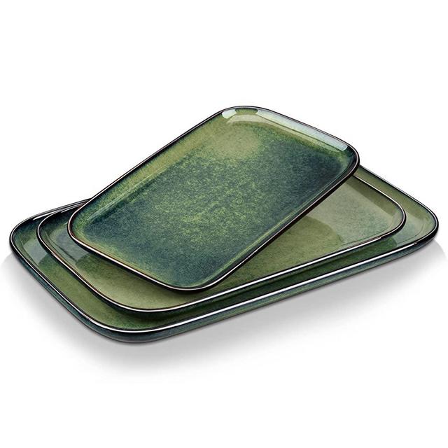 vancasso Stern Serving Platters Set of 3, 15/ 13/ 11 Inches Rectangular Stoneware Plates, Green Serving Trays for Dinner, Party