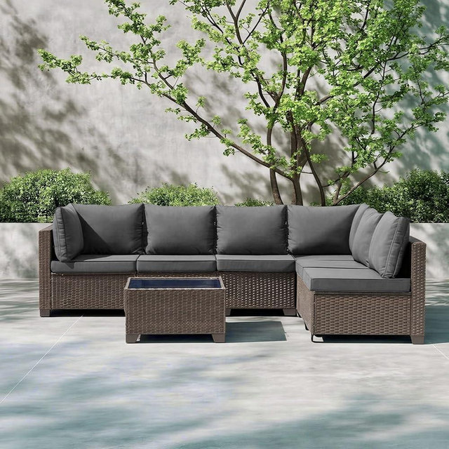 XTWEEX 7-Piece Outdoor Patio Furniture Set, Brown PE Rattan Weaving Sofa with Light Grey Cushions and Steel Frame, Coffe Table Included, Outdoor Conversation Set