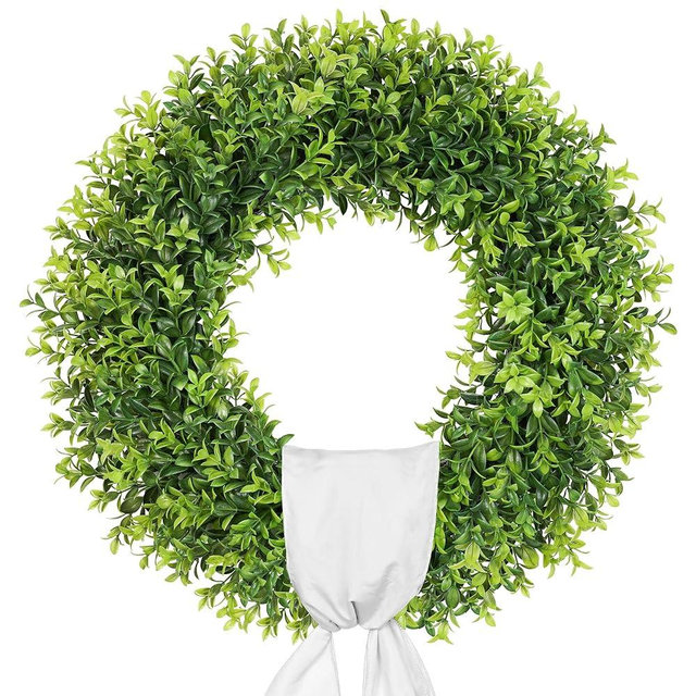 Petalyn 24-26 Inch Large Boxwood Wreath，Spring Summer with Sash，Artificial Green Wreath for Front Door，Farmhous，Wedding，Window，Hanging Wall ，All Year Round Indoor & Outdoor，St Patrick's Day Decor