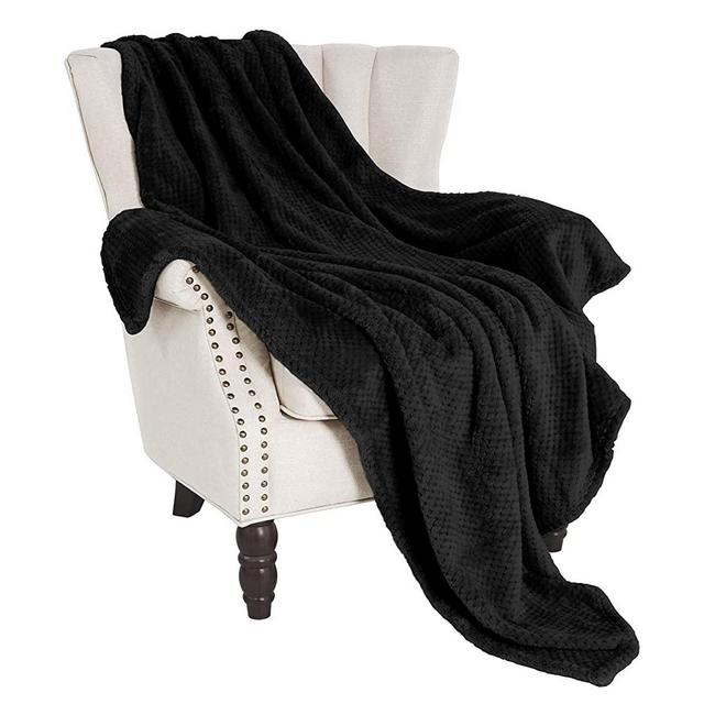 Exclusivo Mezcla Waffle Flannel Fleece Large Throw Blanket(50" x 70", Black)- Soft, Lightweight, Plush& Warm