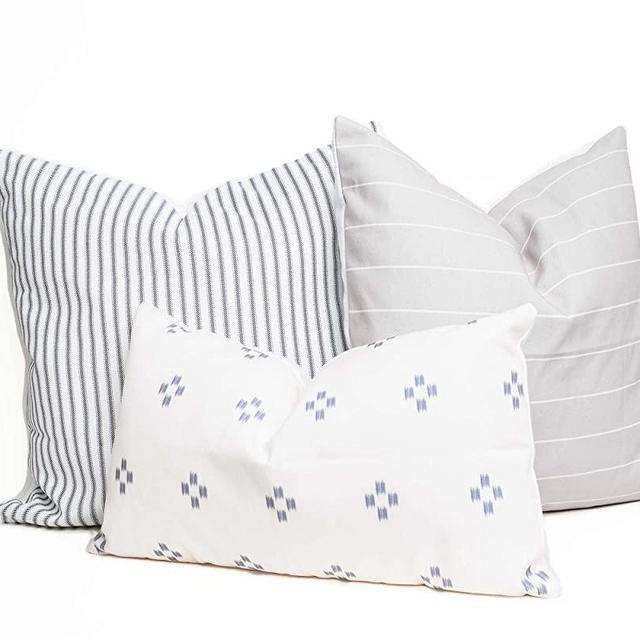 GRATEFUL GOOSE Modern Decorative Throw Pillow Covers Combination Set of 3 (1) 12”x20”, (1) 20”x20”, (1) 22”x22”, Printed Fabric for Couch Home Decor, Inserts not Included (Stripe Grey & Blue Pattern)