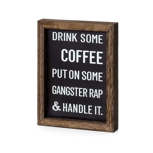 Mkono 1 Pcs Coffee Signs Decor Farmhouse 2 Sides Coffee Table Decor Rustic Wood Coffee Sign with Sayings, Office Home Bar Wall Table Decor