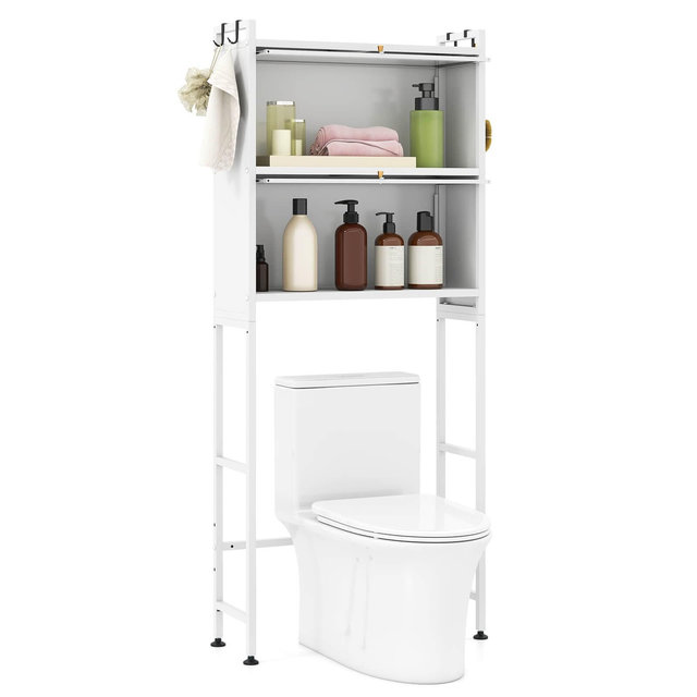 Costway 66” Bathroom Organizer with 2 Flip-up Cabinets, See-through Fluted Doors, 4 Hooks White