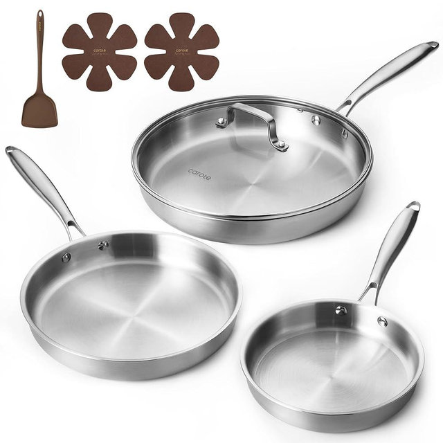 CAROTE 7-Piece Tri-Ply Stainless Steel Frying Pan Set, Skillet Set 8"/10"/12", Induction Compatible, Oven & Dishwasher Safe, Silver Handle