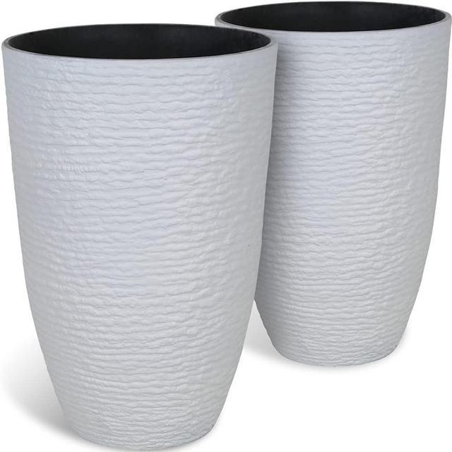 Worth Garden 9 Gallon Tall Planters 2 Pack - 14" Dia x 21" H - Large White Resin Round Flower Pots for Outdoor Plants Trees - Imitation Stone Plastic Indoor Front Porch Decorative Container Patio