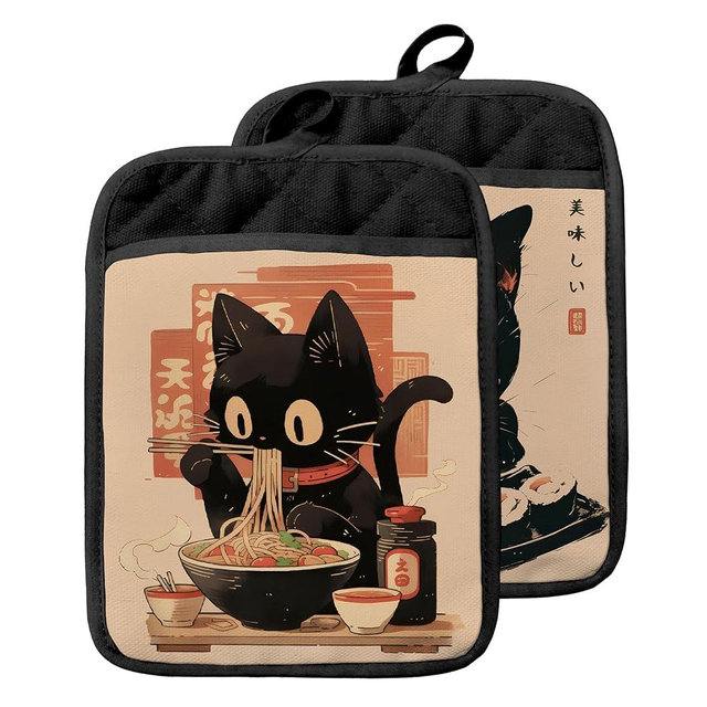 GOOZHO Japanese Sushi Ramen Black Cat Pot Holders with Pockets, Cat Kitchen Decor, Vintage Japanese Kitten Oven Pot Holders Heat Resistant Oven Mitts Hot Pads for Kitchen Baking Cooking, Set of 2