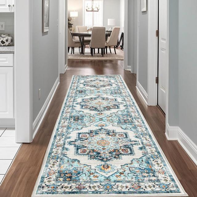 ManzunLiving Runner Rug 2x12, Farmhouse Hallway Runner Rug Non Slip,Kitchen Runner Rug,Washable Runner Rug for Entryway Indoor,Blue Ivory Vintage Bedroom Runner Rug