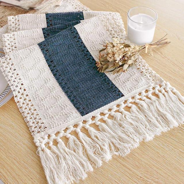 FEXIA Boho Table Runner for Home Decor 90 Inches Long Farmhouse Rustic Table Runner Cream & Blue Macrame Table Runner with Tassels for Boho Dining Bedroom Decor Rustic Bridal Shower (12x90 Inches)