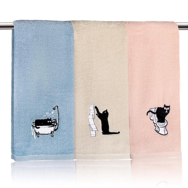 RinRinfam 3Pcs Cute Cat Hand Towels Farmhouse Bathroom Decor Embroidered Decorative Funny Black Cat 100% Cotton Soft Absorbent Towels for Bathroom Kitchen 14x29''
