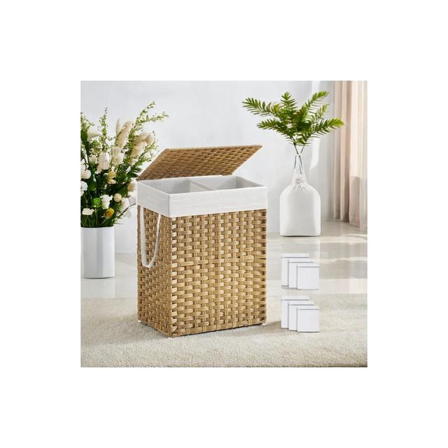 90L Laundry Hamper with Lid Laundry Clothes Hamper with 2 Removable Liner Bags Wicker Double Laundry Basket for Bathroom Natural