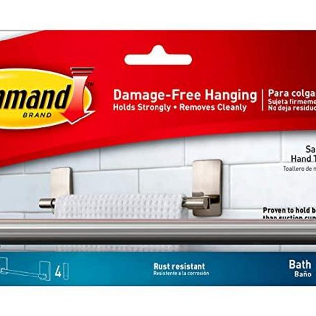 Command Hand Towel Bar, Satin Nickel, 1-Towel Bar, 4-Water-Resistant Strips, Organize Damage-Free