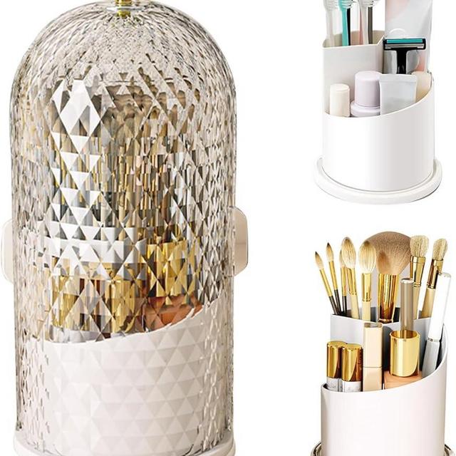 Concealed Toothbrush Holder, Makeup Brush Holder Organizer with Lid 360 Rotating Clear Dustproof for Dresser Tabletop Bathroom Countertop (White)