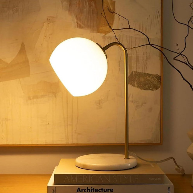 Brightech Krystal LED Table Lamp, Frosted Glass Globe Arcing Living Room Lamp, Mid-Century Modern Standing Lamp for Living Rooms, Boho Rustic Indoor Table Lamp for Bedrooms & Offices - Brass