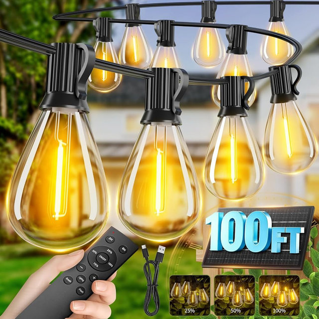Sikitul 100FT Solar String Lights Outdoor Waterproof, 35+1 LED Solar Powered Lights with Remote Control, 3 Light Modes & Dimmable, USB-C Charging for Patio, Backyard, Garden, Camping