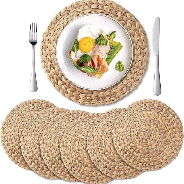6 Pack, Round Woven Placemats, Natural Water Hyacinth Place mats, Braided Straw Table Mats for Dining Table, Christmas Placemats Set of 6 (15 inch)