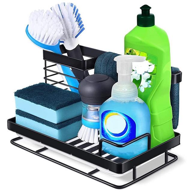 Kitchen Sink Caddy Sponge Holder: Rust Proof Kitchen Sink Organizer for Dish Rag Soap Brush - Sponge Holder with Drain Tray for Counter