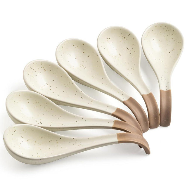 LYEOBOH 6 Pieces Asian Soup Spoons, Japanese Kitchen Soup Spoon Set, Dinner Tablespoons with Long Handle for Cereal, Ramen, Ice Cream, Dishwasher & Microwave Safe, Rustic Decor, White and Brown