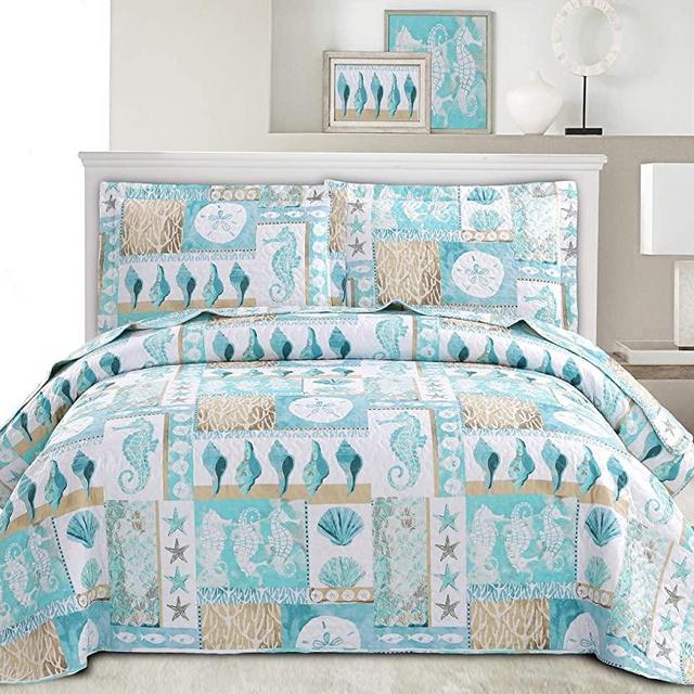 3-Piece Coastal Plaid Rversible Quilt Set Full/Queen(90x90 inches),Tropical Seahorse Conch Starfish Nautical Bedding Sets,Beach Theme Quilted Bedspread Coverlet for All Seasons (Blue Green,Full/Queen)