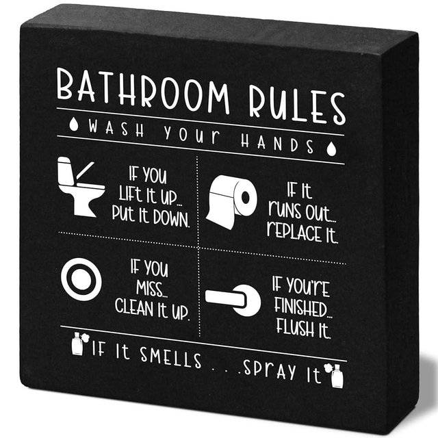 FUQWZ Funny Restroom Black Wooden Box Sign, Farmhouse Rustic home Decor, House Decor For Bathroom Toilet Washing Basin Shelf Table, Bathroom Rules Warning Sign, Gifts for Thanksgiving Christmas(058)